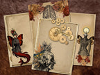 A vintage-style scrapbook paper or craft collage set featuring multiple layered sheets with antique floral designs, skeleton keys, gears, skeletons, and aged parchment textures arranged on a brown leather-like background.