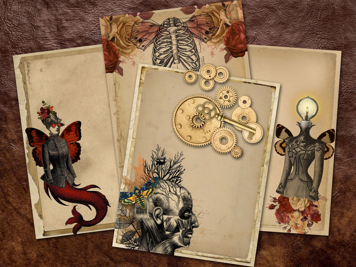 A vintage-style scrapbook paper or craft collage set featuring multiple layered sheets with antique floral designs, skeleton keys, gears, skeletons, and aged parchment textures arranged on a brown leather-like background.