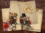 A vintage-style scrapbook paper or craft collage set featuring multiple layered sheets with antique floral designs, skeleton keys, gears,telescopes and aged parchment textures arranged on a brown leather-like background.