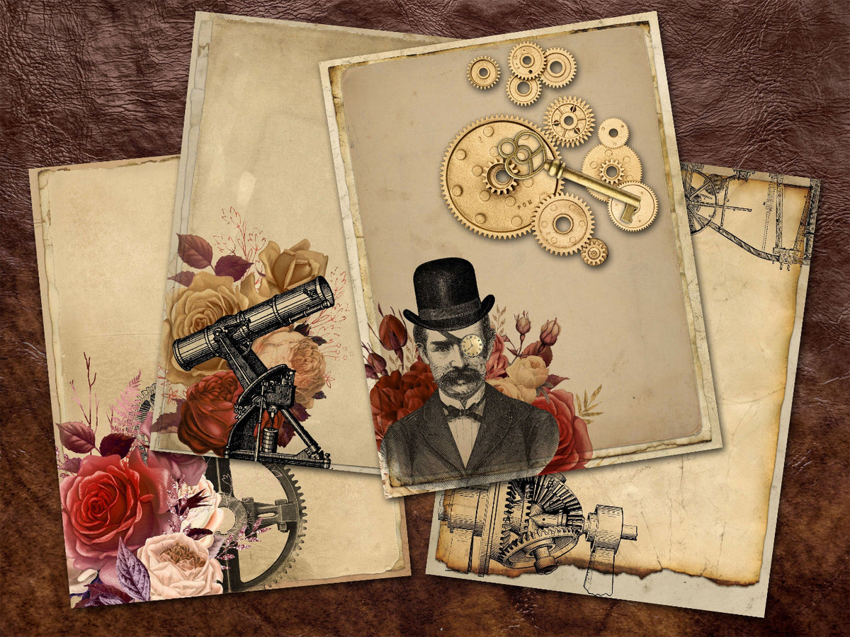 A vintage-style scrapbook paper or craft collage set featuring multiple layered sheets with antique floral designs, skeleton keys, gears,telescopes and aged parchment textures arranged on a brown leather-like background.
