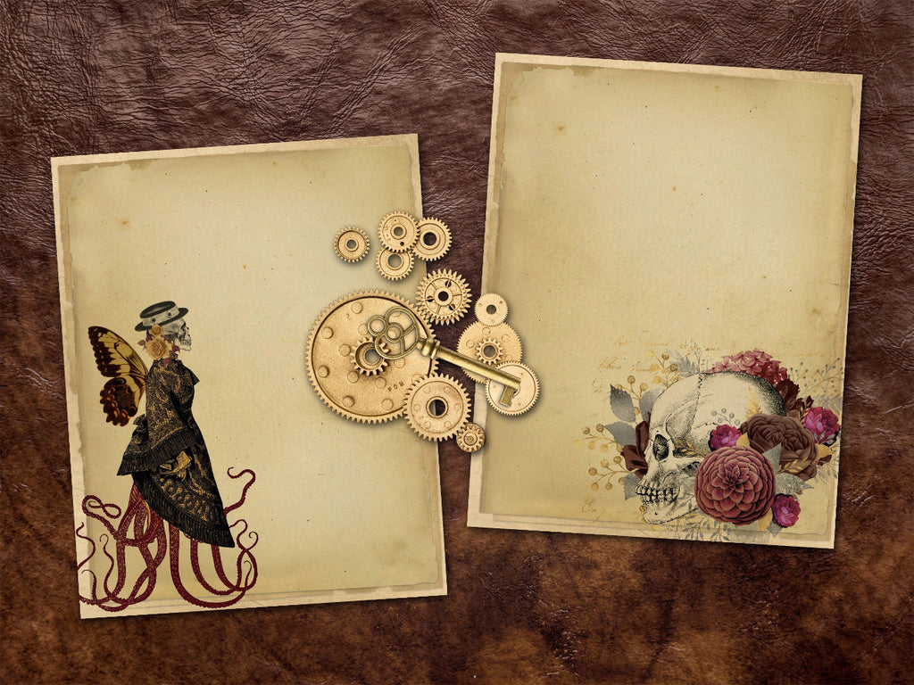 A vintage-style scrapbook paper or craft collage set featuring multiple layered sheets with antique floral designs, skeleton keys, gears, skulls, and aged parchment textures arranged on a brown leather-like background.