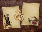 A vintage-style scrapbook paper or craft collage set featuring multiple layered sheets with antique floral designs, skeleton keys, gears, skulls, and aged parchment textures arranged on a brown leather-like background.