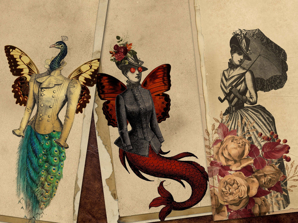 Three vintage-style illustrated prints arranged overlapping on a textured beige surface. The left illustration shows a woman with a peacock head and butterfly wings in a teal and gold dress.
