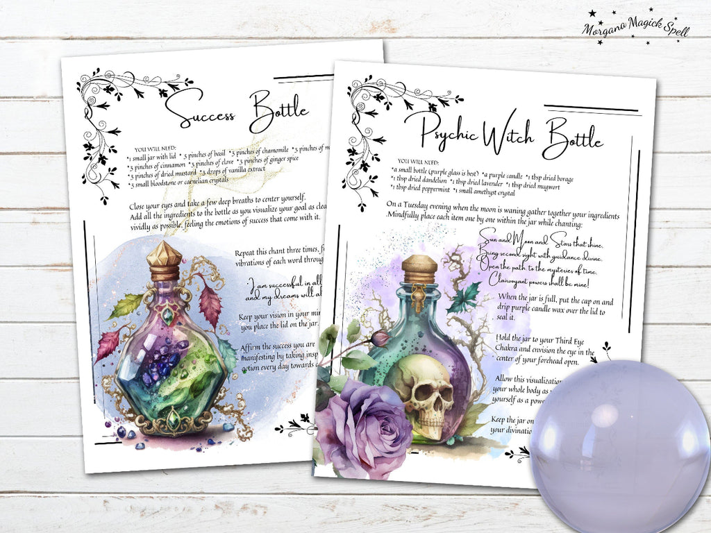 Two potion bottle recipes with decorative elements on a wooden surface.