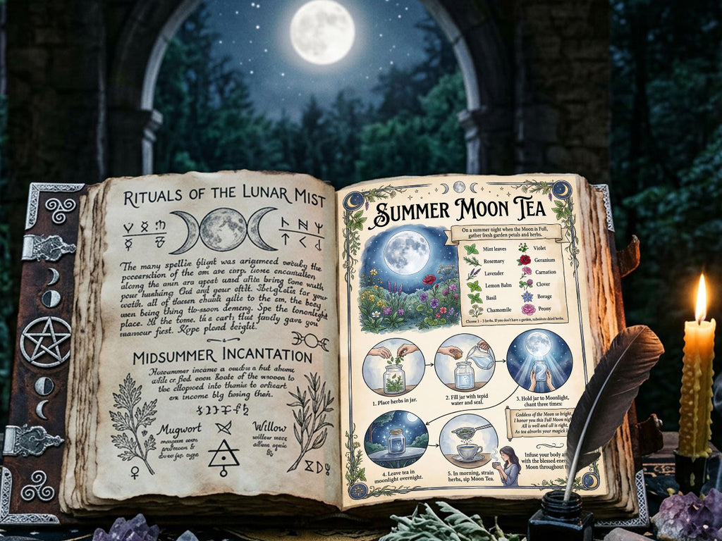 Open book with infographic page titled 'Summer Moon Tea' with moon phases and herbs, candle, and feather quill on a mystical background.