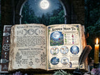 Open book with infographic page titled 'Summer Moon Tea' with moon phases and herbs, candle, and feather quill on a mystical background.