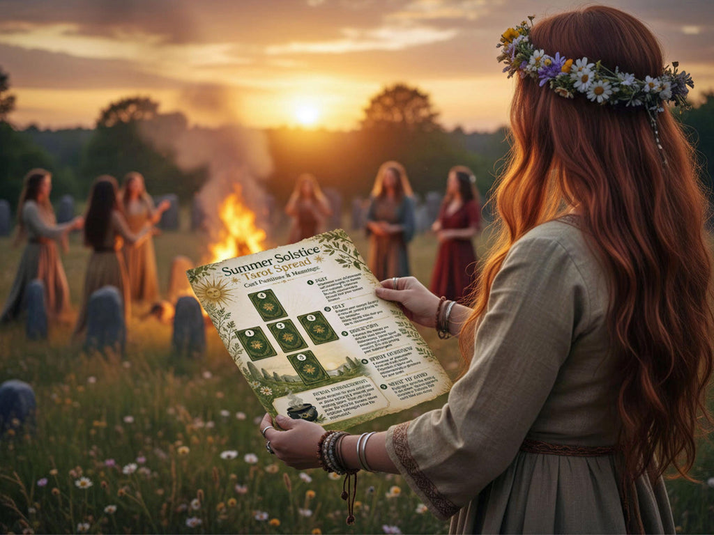 A spiritual woman at a Summer Solstice pagan celebration holds out the Tarot Spread Infographic page.