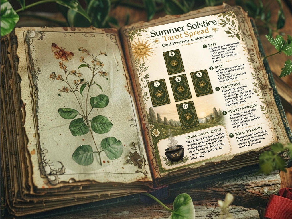 Summer Solstice Tarot page placed in an open Book of Shadows placed on an altar.