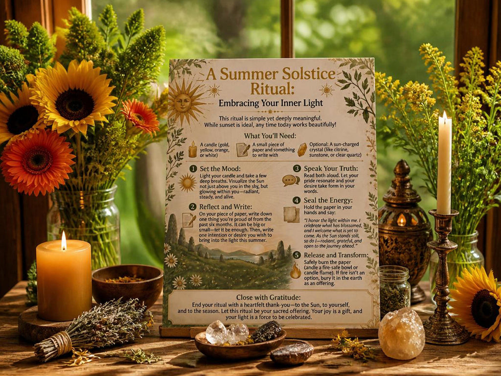 Summer Solstice ritual placed upright on a pretty summer altar with candles and sunflowers.