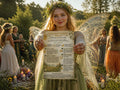 A pretty fairy at a pagan gathering holds out the Summer Solstice ritual infographic page.