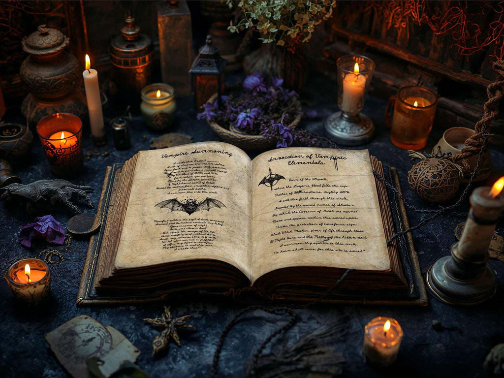 The Cursed Spellbook placed on a creepy altar with the pages open to Vampire Summoning.