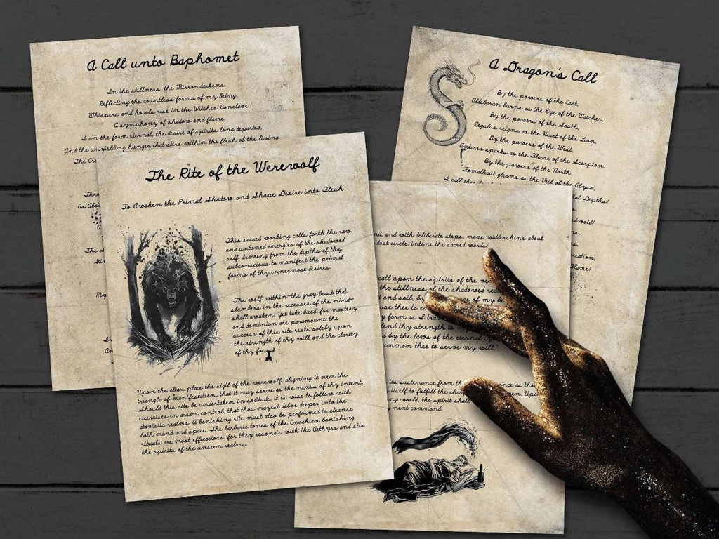 The Cursed Spellbook pages on Baphomet, The Rite of the Werewolf, and  a Dragon Invocation.