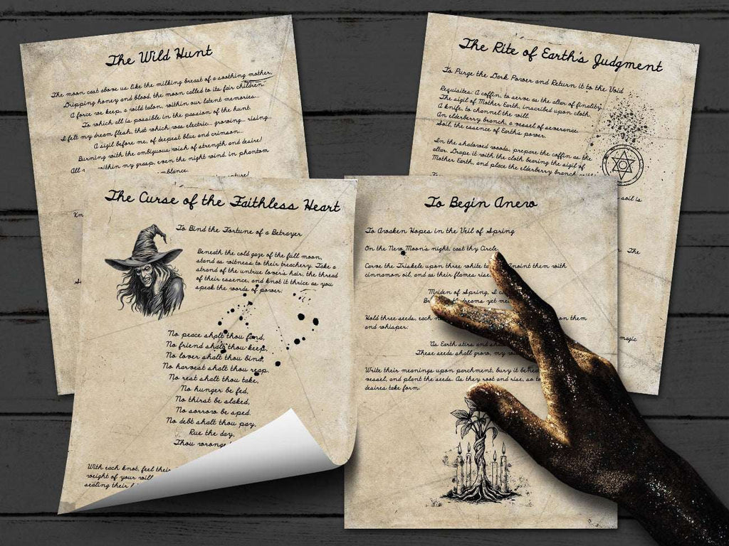 The Cursed Spellbook pages on the Wild Hunt, Curse of the Faithless Heart, Earth's Judgement and To Begiin Anew.