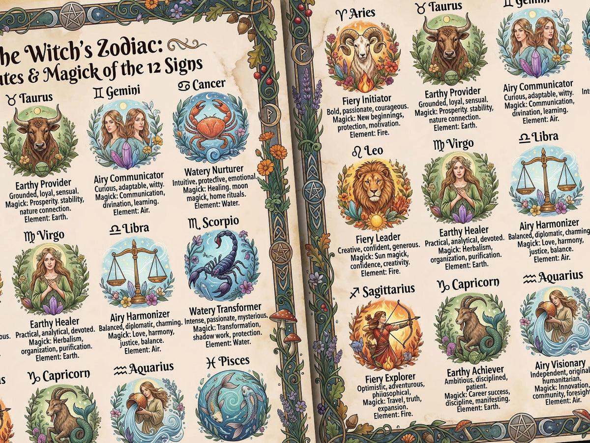 Illustrated zodiac signs with corresponding elements and qualities on a decorative background.