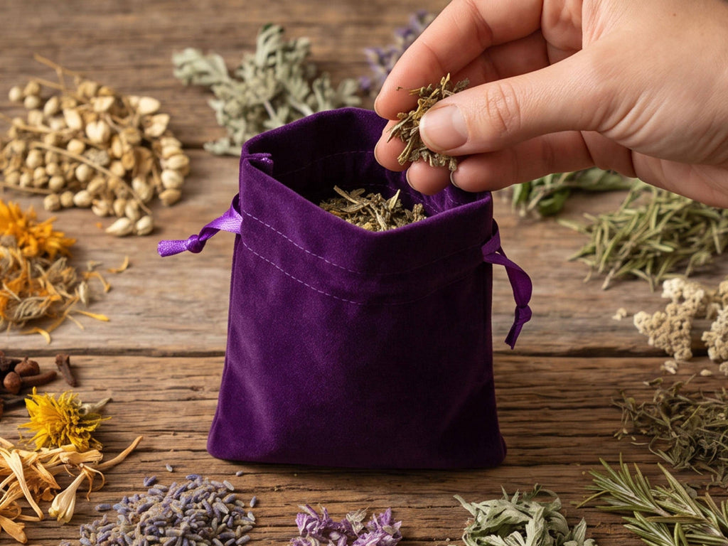 Hand adding dried herbs to a purple drawstring charm bag on a wooden table.