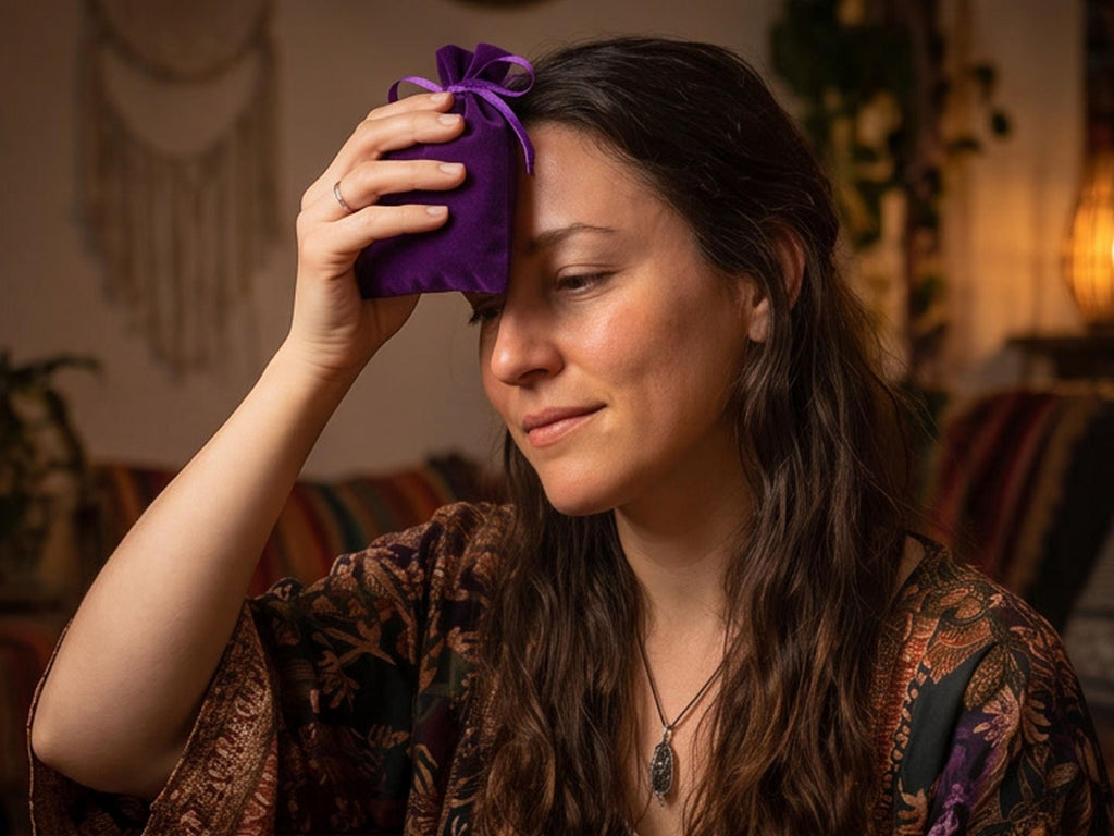 Woman holding a purple charm bag against her forehead.