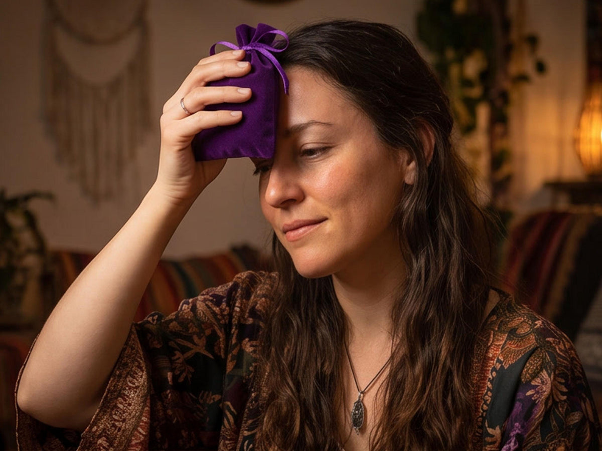 Woman holding a purple charm bag against her forehead.