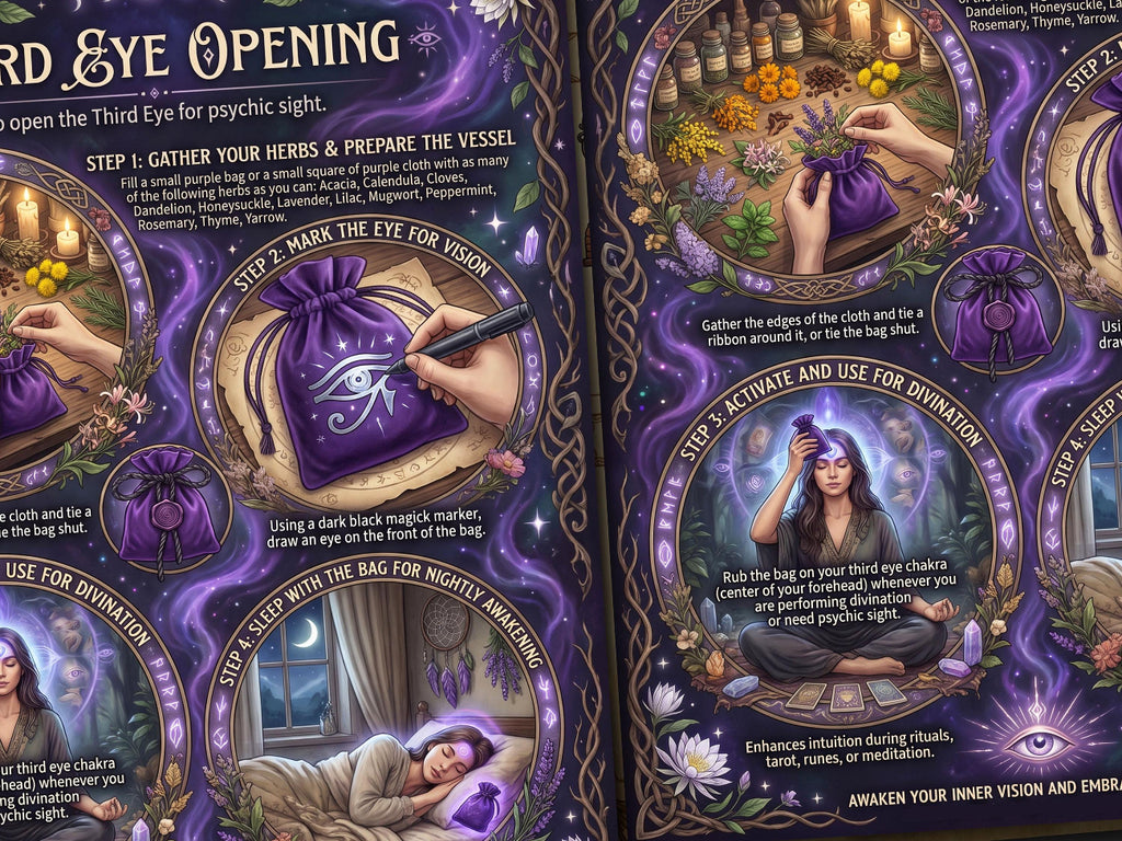 Close-up of the Third Eye Opening spell page showing herbs, an eye-marked charm bag, meditation, and sleep illustrations.