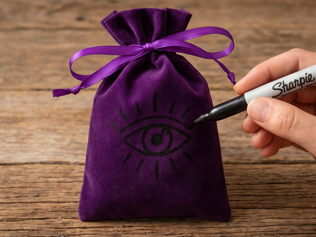 Hand drawing an eye symbol on a purple charm bag with a black marker.