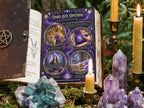 Third Eye Opening printable page displayed in an open Book of Shadows beside candles and purple crystals.