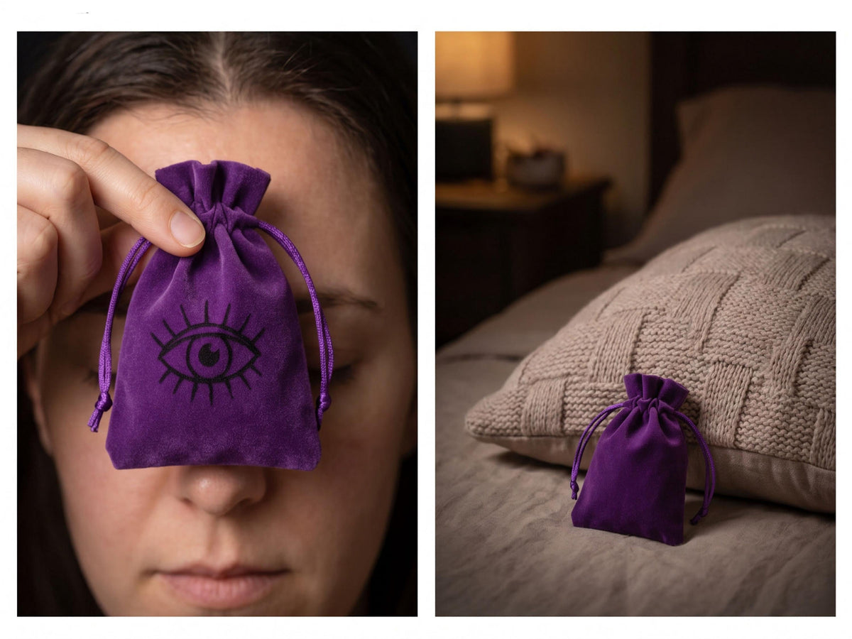 Two views of a purple charm bag: held against a woman’s forehead and placed beside a pillow.