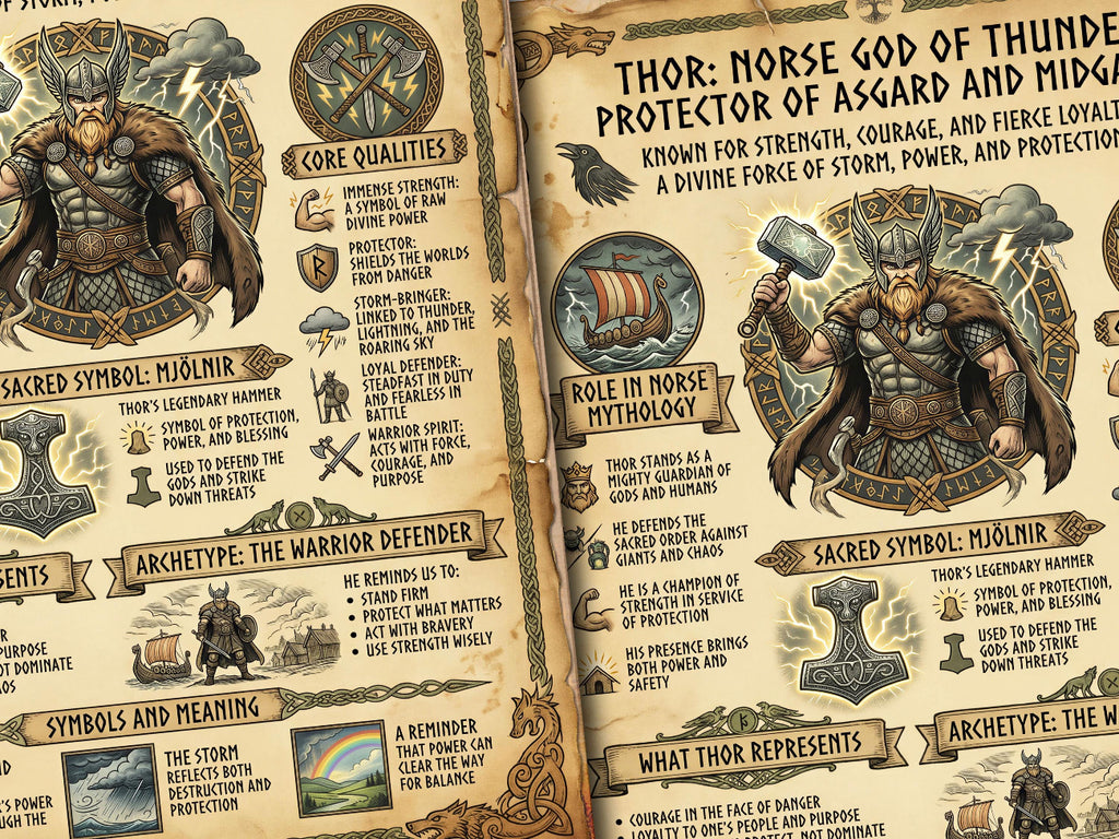 Closeup view of the page about Thor, Norse God of Thunder, with detailed information and graphics on a parchment background.