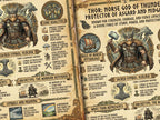Closeup view of the page about Thor, Norse God of Thunder, with detailed information and graphics on a parchment background.
