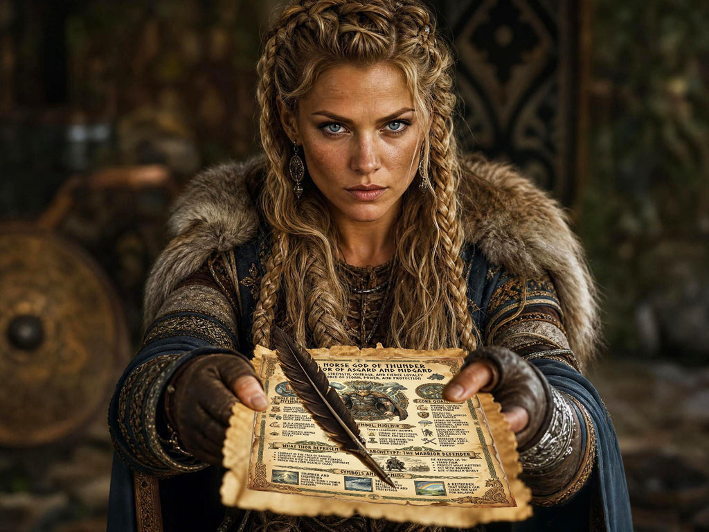 Viking Woman holding a parchment page about Thor,with feather pen in a historical setting