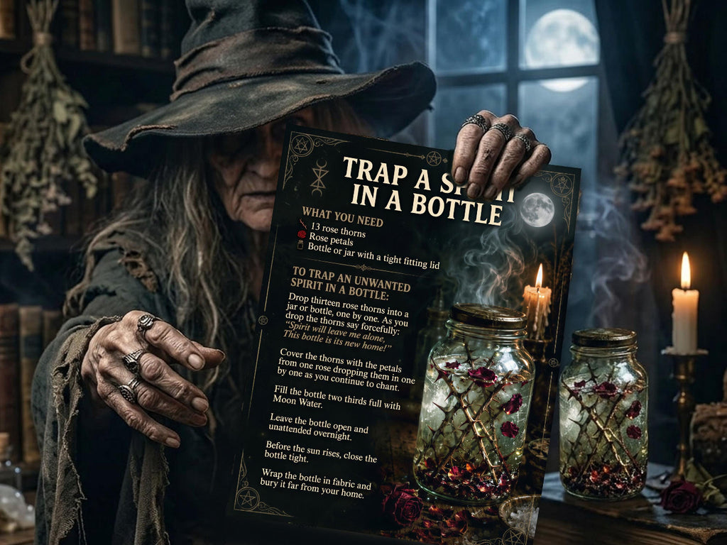 Person in wizard costume holding a page titled 'Trap a Spirit in a Bottle' with candles and jars in a mystical setting.