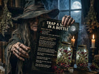 Person in wizard costume holding a page titled 'Trap a Spirit in a Bottle' with candles and jars in a mystical setting.