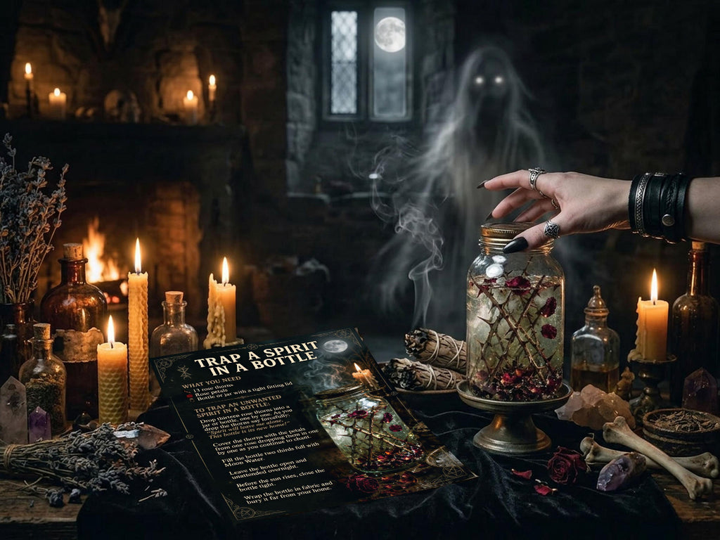 Spooky setting with candles, bottles, and a ghostly figure in a dimly lit room.