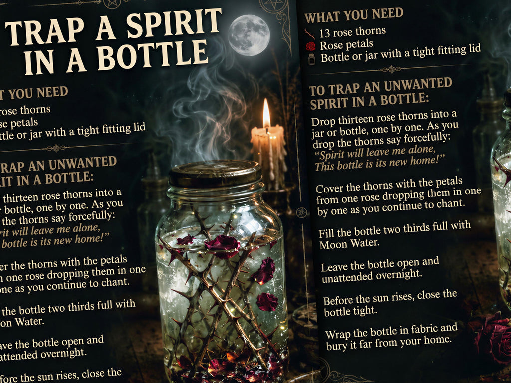 Instructions for trapping a spirit in a bottle with a mason jar filled with rose petals and thorns.
