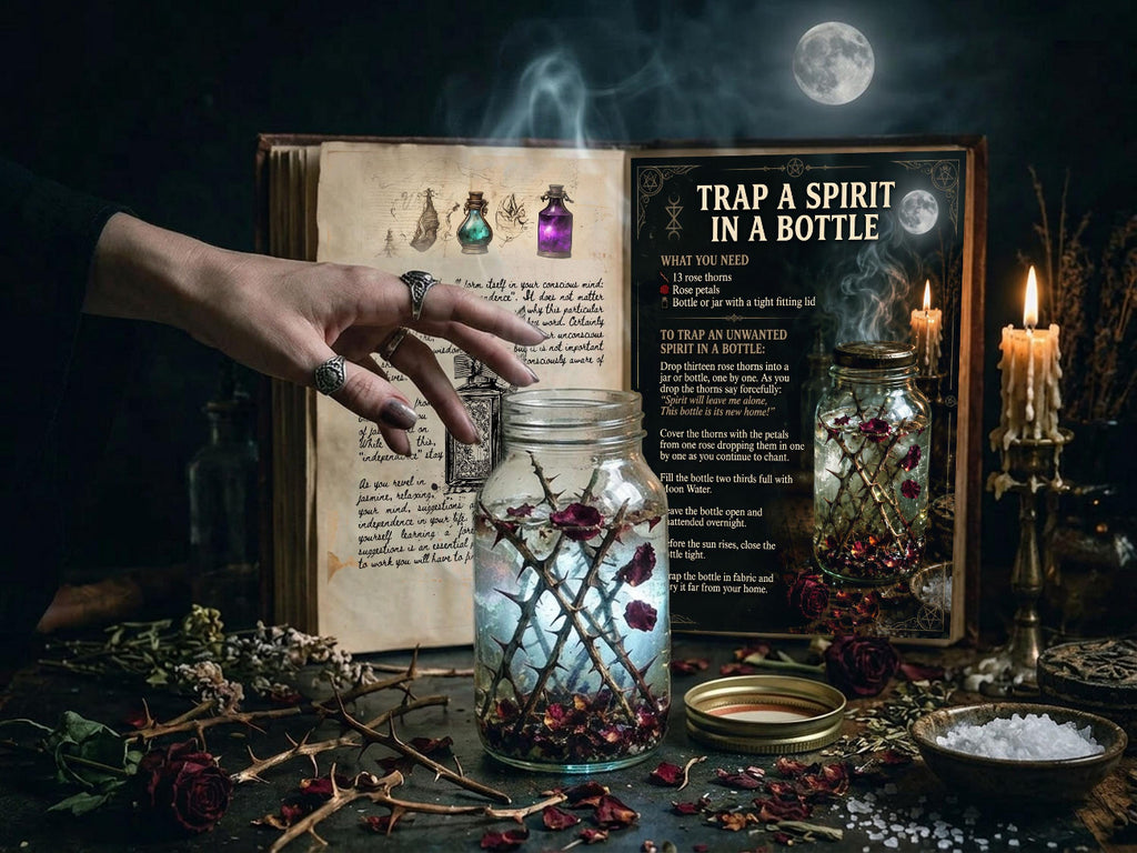 Mason jar with mystical contents on a table with books and candles, evoking a witchcraft theme.