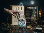 Mason jar with mystical contents on a table with books and candles, evoking a witchcraft theme.