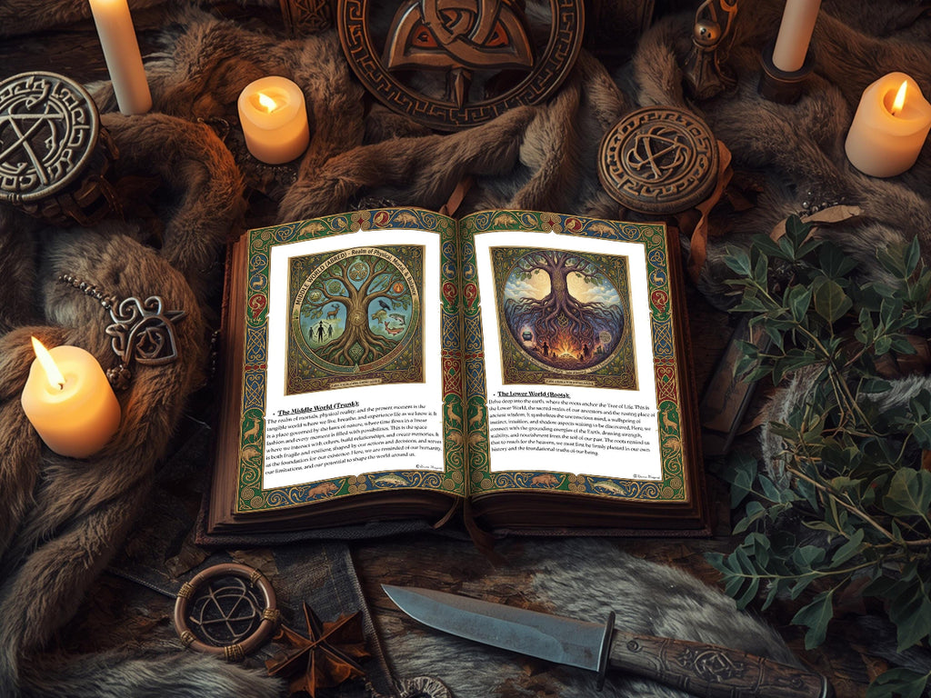Open book with mystical Tree of Life designs surrounded by candles and symbols on a textured surface