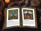 Open book of shadows with detailed illustrations of tree of life, surrounded by candles and fur.