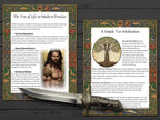 Two framed Tree of Life pages with text and illustrations on a wooden surface