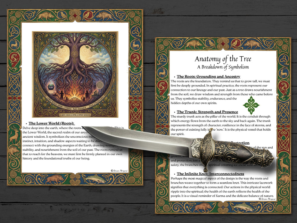 Decorative knife with ornate handle on a wooden surface with mystical tree of life pages. 