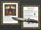Decorative knife with ornate handle on a wooden surface with mystical tree of life pages. 