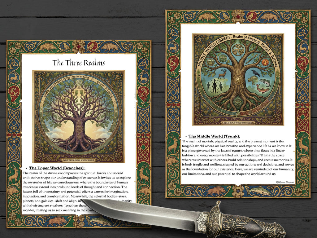 Decorative pages with ornate frames, tree of life designs and text on a wooden background