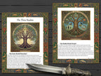 Decorative pages with ornate frames, tree of life designs and text on a wooden background
