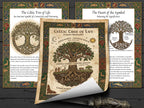 Celtic Tree of Life title Page and 2 printable pages designd with ornate borders and text on a wooden background