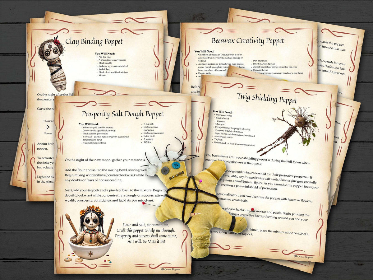 Set of recipe pages for various types of poppets with a yellow twig shielding poppet on a wooden surface.