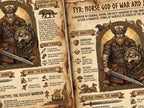 Closeup view of the Illustration of Tyr, Norse God of War, with detailed text and symbols on a decorative background.