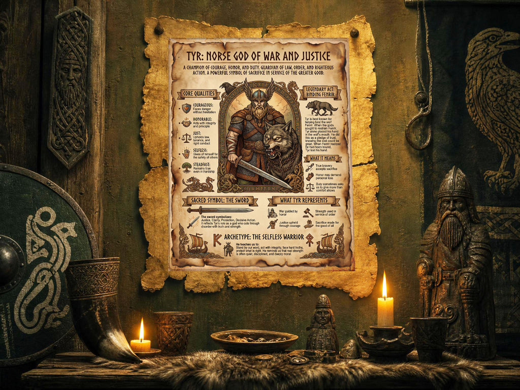 Viking-themed decor with a poster of Tyr, Norse God of War and Justice, on a wooden wall.