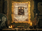 Viking-themed decor with a poster of Tyr, Norse God of War and Justice, on a wooden wall.