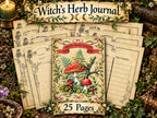 Witch’s Herbal Journal with a mushroom and fern cover, plant record templates and pages organized by magical intention.