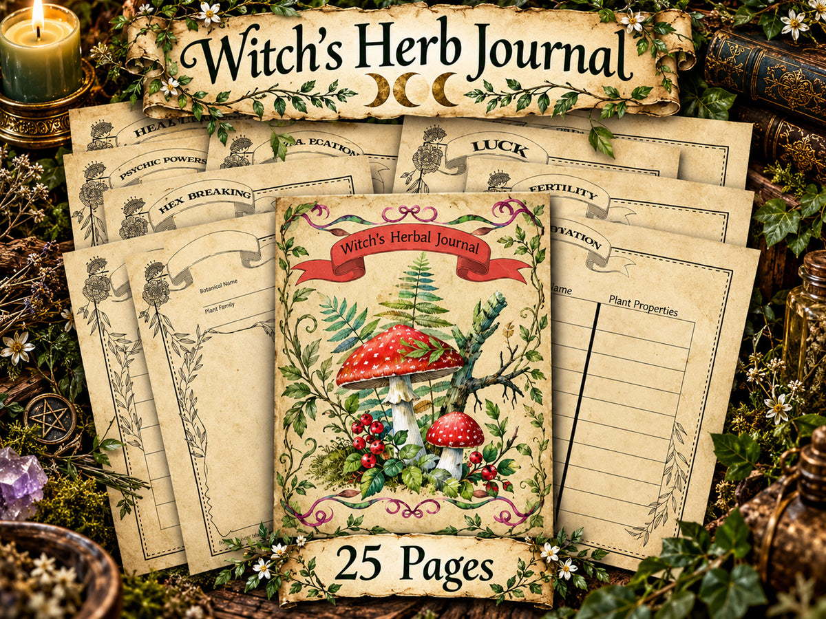 Witch’s Herbal Journal with a mushroom and fern cover, plant record templates and pages organized by magical intention.