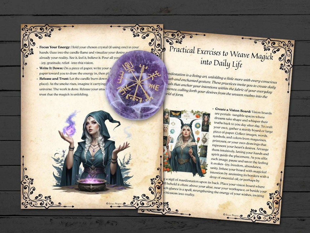 Witchcraft-themed pages with illustrations and text on a wooden surface