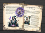 Witchcraft-themed pages with illustrations and text on a wooden surface